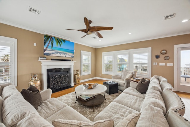 living room featuring crown molding, light hardwood / wood-style floors, and ceiling fan