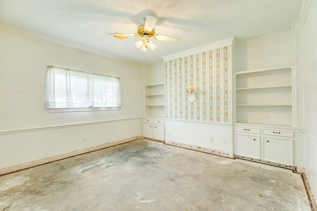 unfurnished room featuring crown molding, ceiling fan, and a textured ceiling