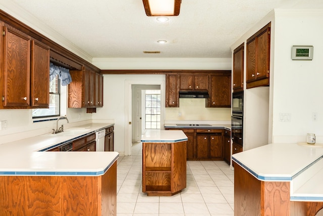 kitchen featuring sink, extractor fan, crown molding, kitchen peninsula, and black appliances