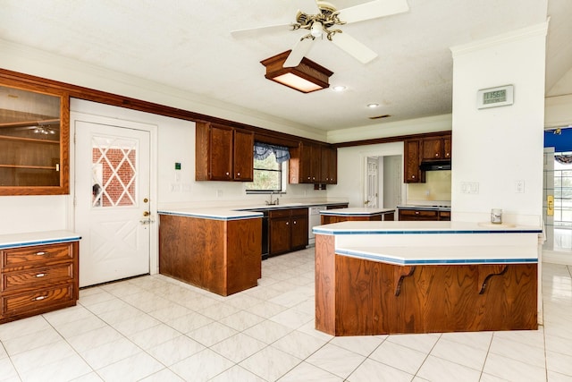 kitchen featuring sink, ceiling fan, ornamental molding, stainless steel dishwasher, and kitchen peninsula