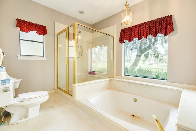 bathroom featuring a notable chandelier, toilet, separate shower and tub, and a wealth of natural light