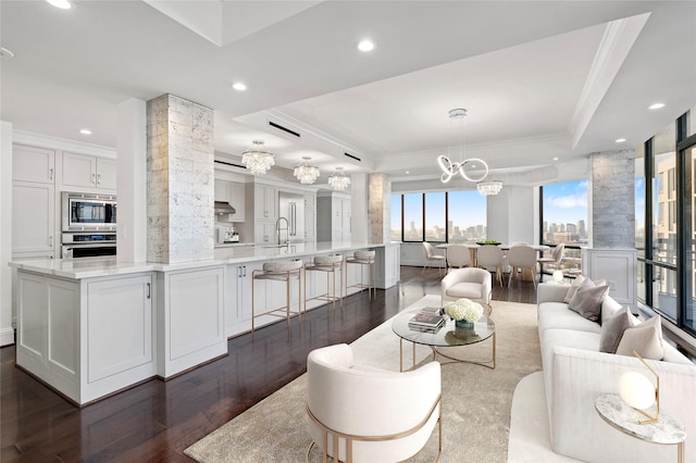 living room with an inviting chandelier, a tray ceiling, sink, dark wood-type flooring, and crown molding