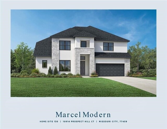 10914 Prospect Hill Ct, Missouri City, TX 77459 - contemporary home with concrete driveway, a garage, stucco siding, a front lawn, and stone siding