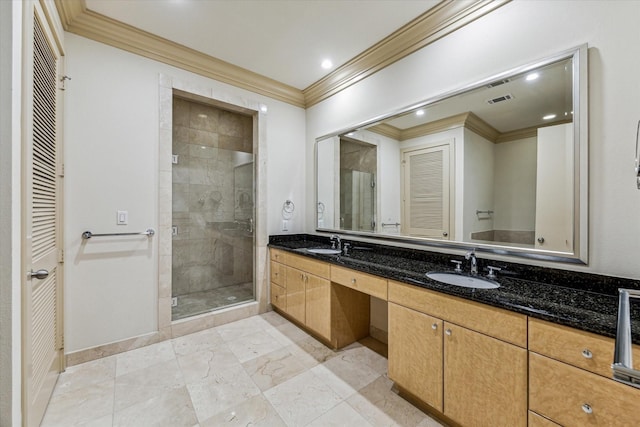 3388 Sage Rd Unit 2401, Houston, TX 77056 - full bath with crown molding, a stall shower, double vanity, baseboards, and recessed lighting