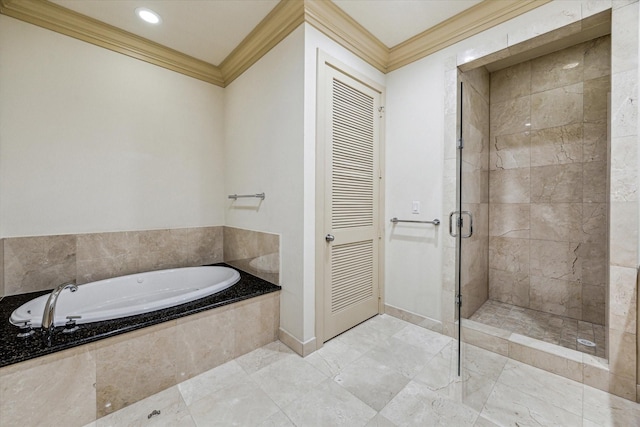 3388 Sage Rd Unit 2401, Houston, TX 77056 - bathroom featuring crown molding, a shower stall, a bath, baseboards, and marble finish floors