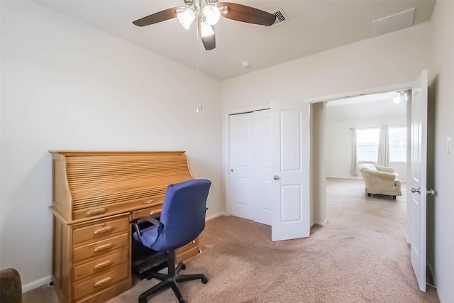 office area featuring ceiling fan and carpet flooring