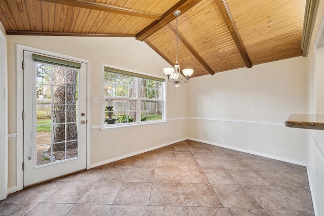 interior space with tile patterned flooring, a chandelier, lofted ceiling with beams, and wood ceiling