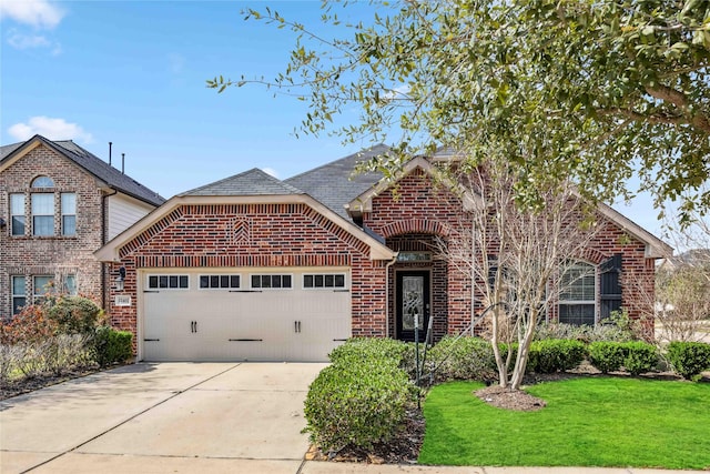 front facade featuring a garage and a front yard