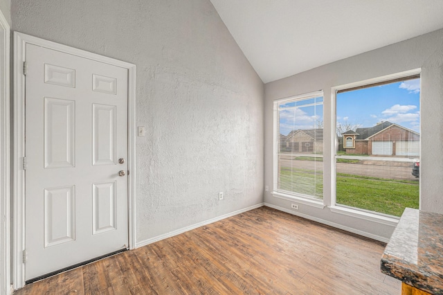 spare room featuring lofted ceiling, a wealth of natural light, and light hardwood / wood-style floors