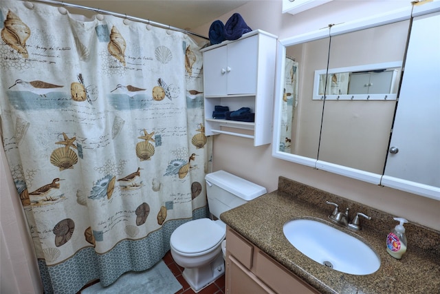 bathroom featuring vanity, tile patterned floors, toilet, and a shower with shower curtain