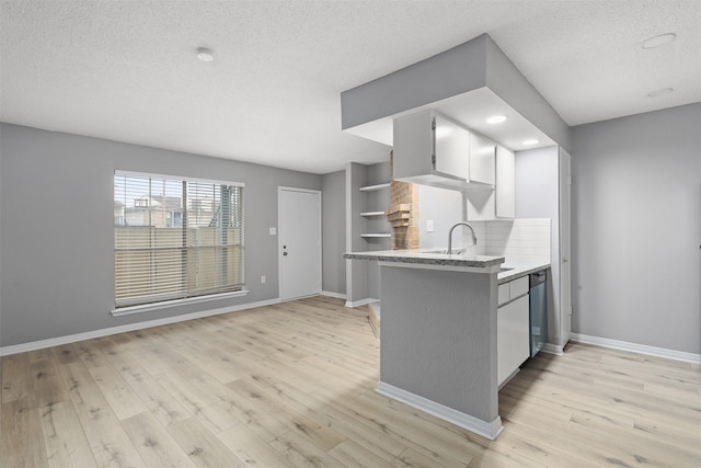 kitchen with tasteful backsplash, light hardwood / wood-style flooring, stainless steel dishwasher, kitchen peninsula, and white cabinets