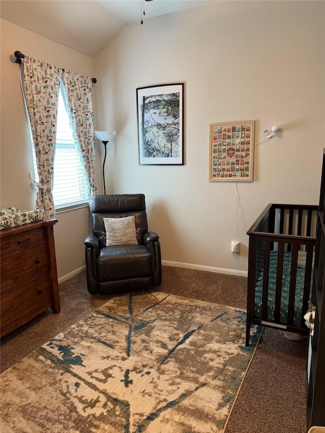 carpeted bedroom with vaulted ceiling