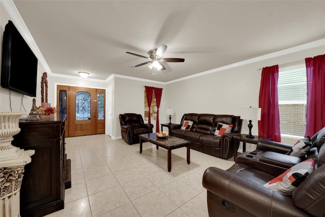 tiled living room with crown molding and ceiling fan