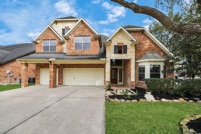 craftsman-style house with driveway, stone siding, an attached garage, and brick siding