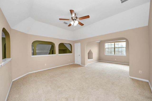 unfurnished room with a ceiling fan, carpet, visible vents, and baseboards