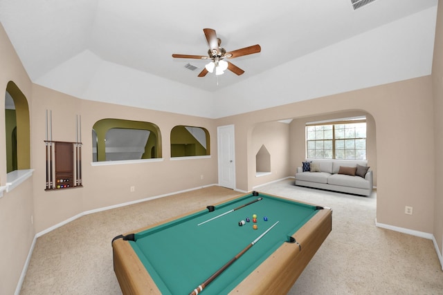 game room featuring carpet, arched walkways, visible vents, a ceiling fan, and baseboards