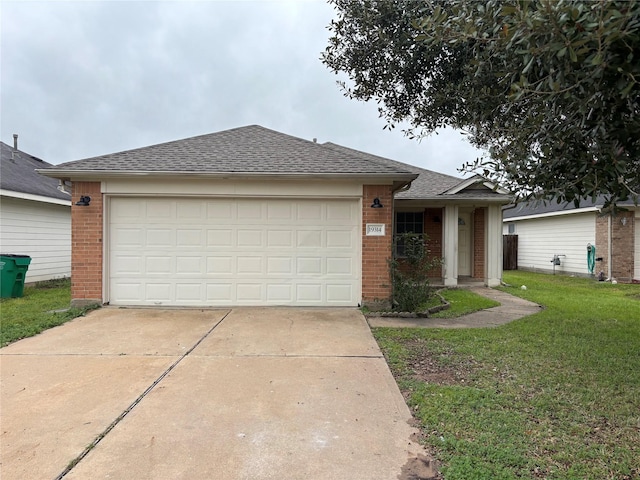 ranch-style home with a garage and a front lawn