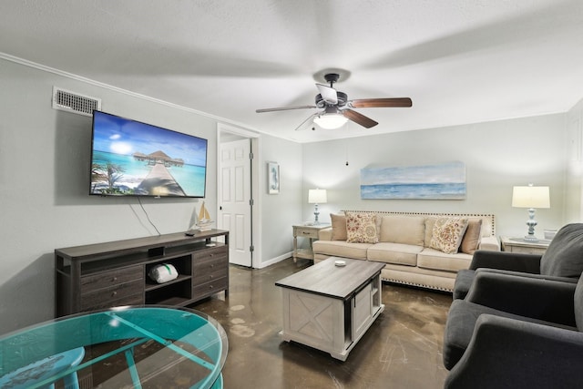 living area featuring baseboards, visible vents, a ceiling fan, ornamental molding, and concrete floors