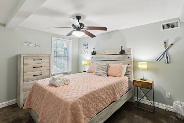 bedroom with visible vents, ceiling fan, baseboards, and wood finished floors