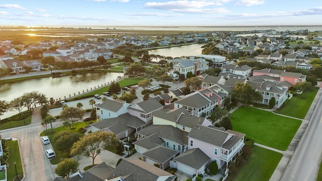 drone / aerial view featuring a water view