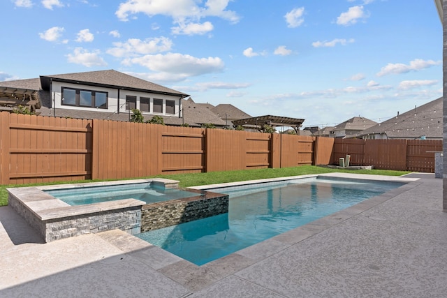 view of swimming pool featuring a fenced backyard, a pool with connected hot tub, and a pergola