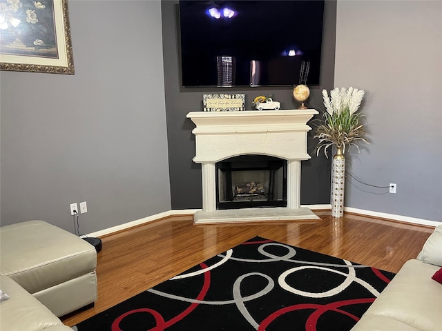 living room featuring baseboards, a fireplace with raised hearth, and wood finished floors