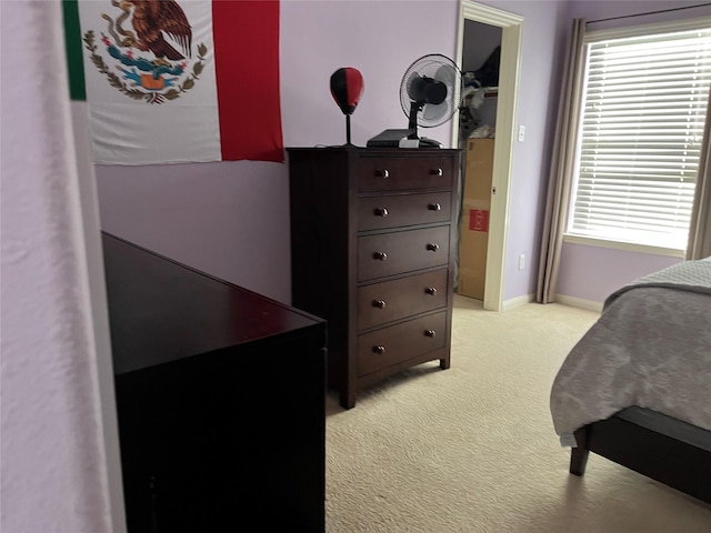 bedroom with multiple windows, baseboards, and light colored carpet