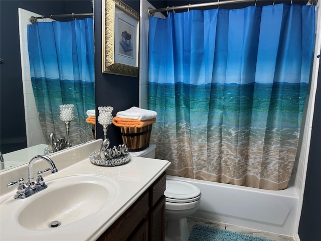 bathroom with vanity, toilet, and shower / bathtub combination with curtain