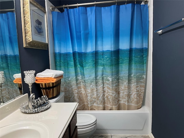 bathroom with shower / bath combo, vanity, and toilet