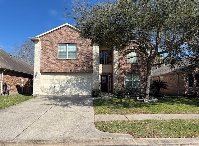 traditional-style home with a garage, concrete driveway, brick siding, and a front lawn