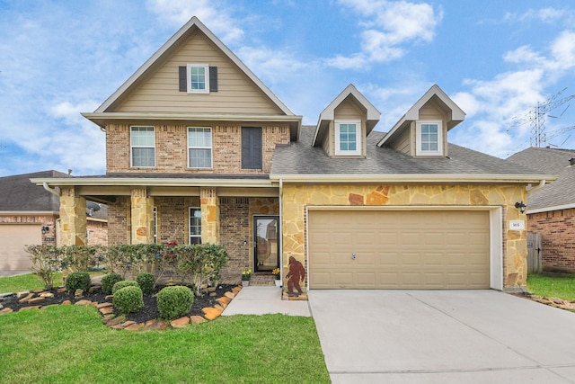 view of front of house with a porch, a garage, and a front yard