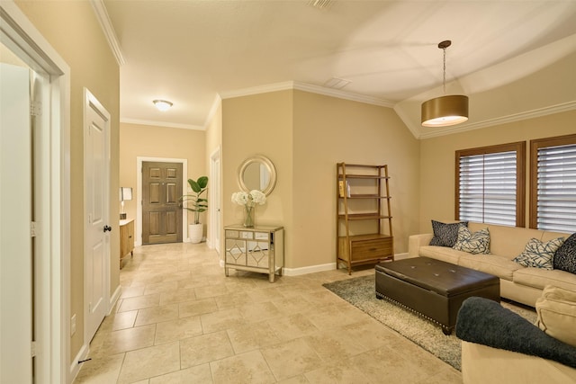 living room featuring crown molding