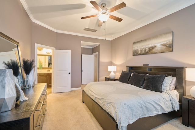 bedroom with crown molding, light carpet, and ceiling fan