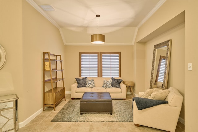 living room featuring vaulted ceiling and ornamental molding