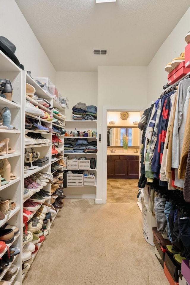 spacious closet featuring light colored carpet