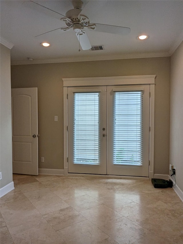 doorway with crown molding, ceiling fan, and french doors