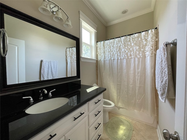 full bathroom with ornamental molding, shower / bathtub combination with curtain, vanity, and toilet