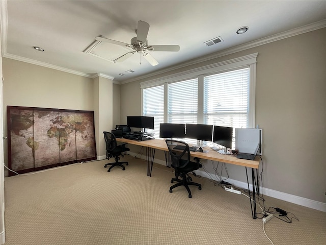 carpeted home office with crown molding and ceiling fan