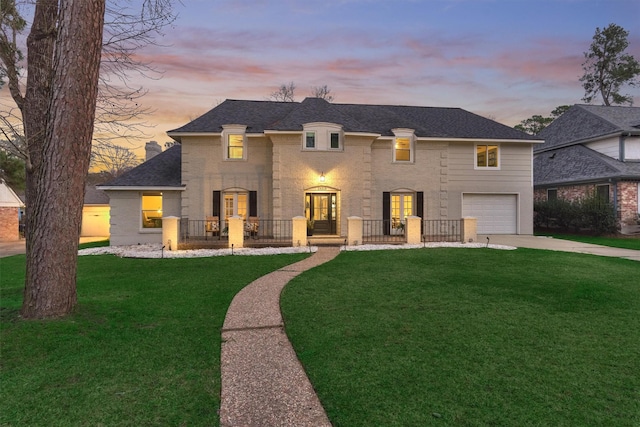 view of front of house featuring a garage and a lawn