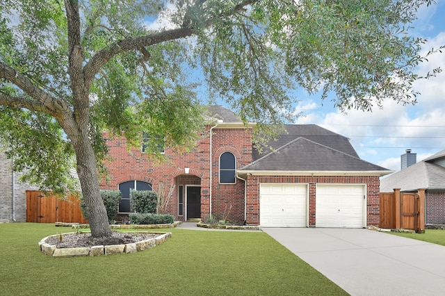 traditional home featuring fence, a front lawn, and brick siding