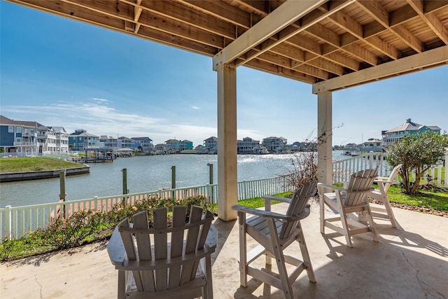 view of patio featuring a water view