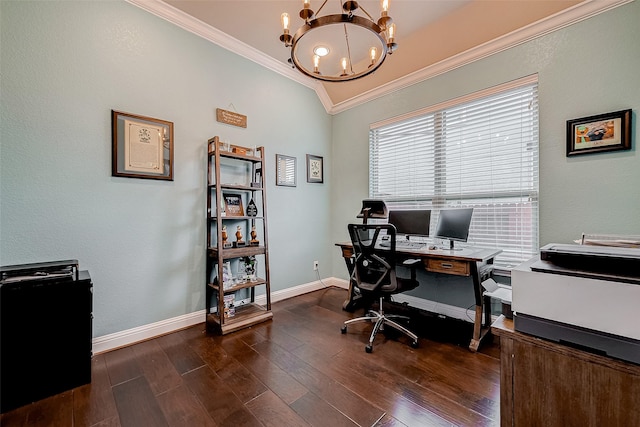 office space with crown molding, vaulted ceiling, dark hardwood / wood-style floors, and a chandelier