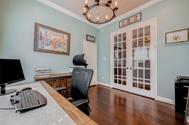 office space featuring french doors, dark hardwood / wood-style floors, an inviting chandelier, and crown molding