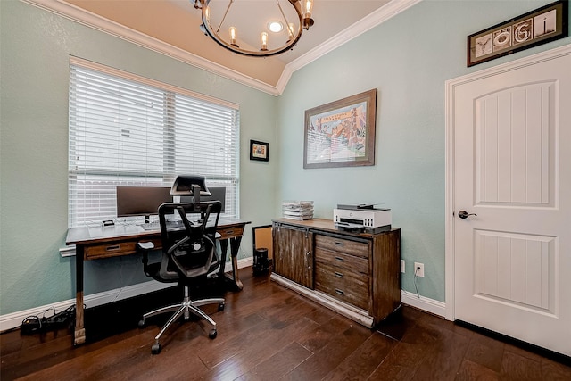 office area featuring lofted ceiling, crown molding, dark wood-type flooring, and a chandelier