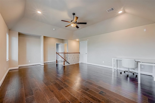 interior space featuring lofted ceiling, dark hardwood / wood-style floors, and ceiling fan