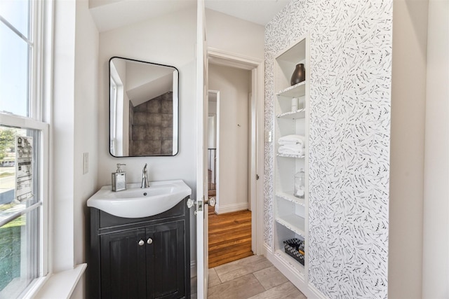 bathroom featuring wood finished floors and vanity