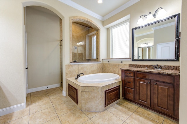 bathroom with crown molding, tile patterned floors, separate shower and tub, and vanity