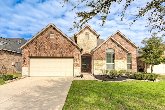 view of property featuring a garage and a front yard