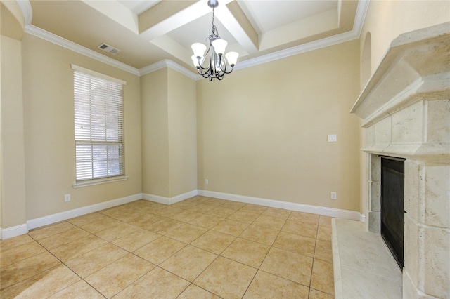 interior space featuring a premium fireplace, coffered ceiling, a notable chandelier, ornamental molding, and beamed ceiling