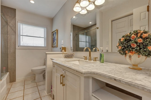 full bath featuring baseboards, toilet, tile patterned flooring, vanity, and recessed lighting